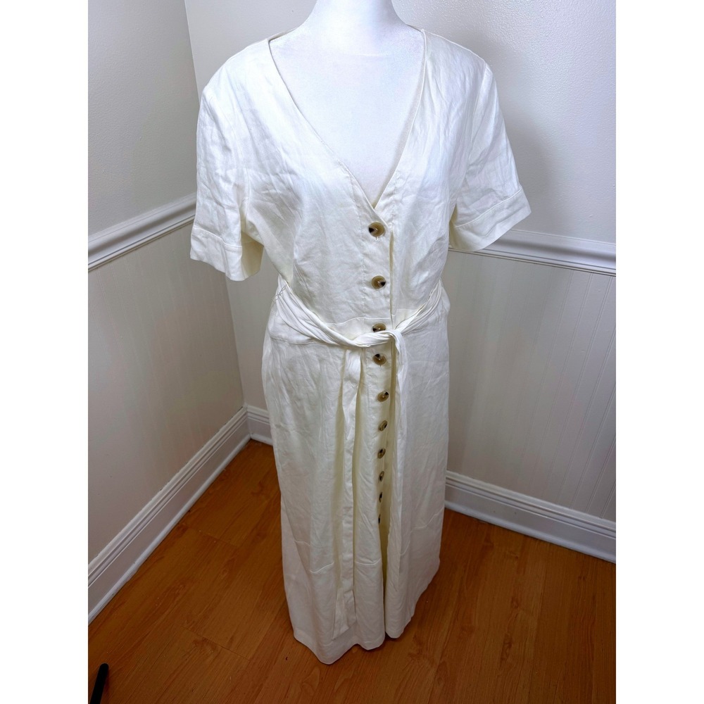Cremieuxโ Button Front Maxi Dress Women Size 12 White Linen Blend Tie Waist